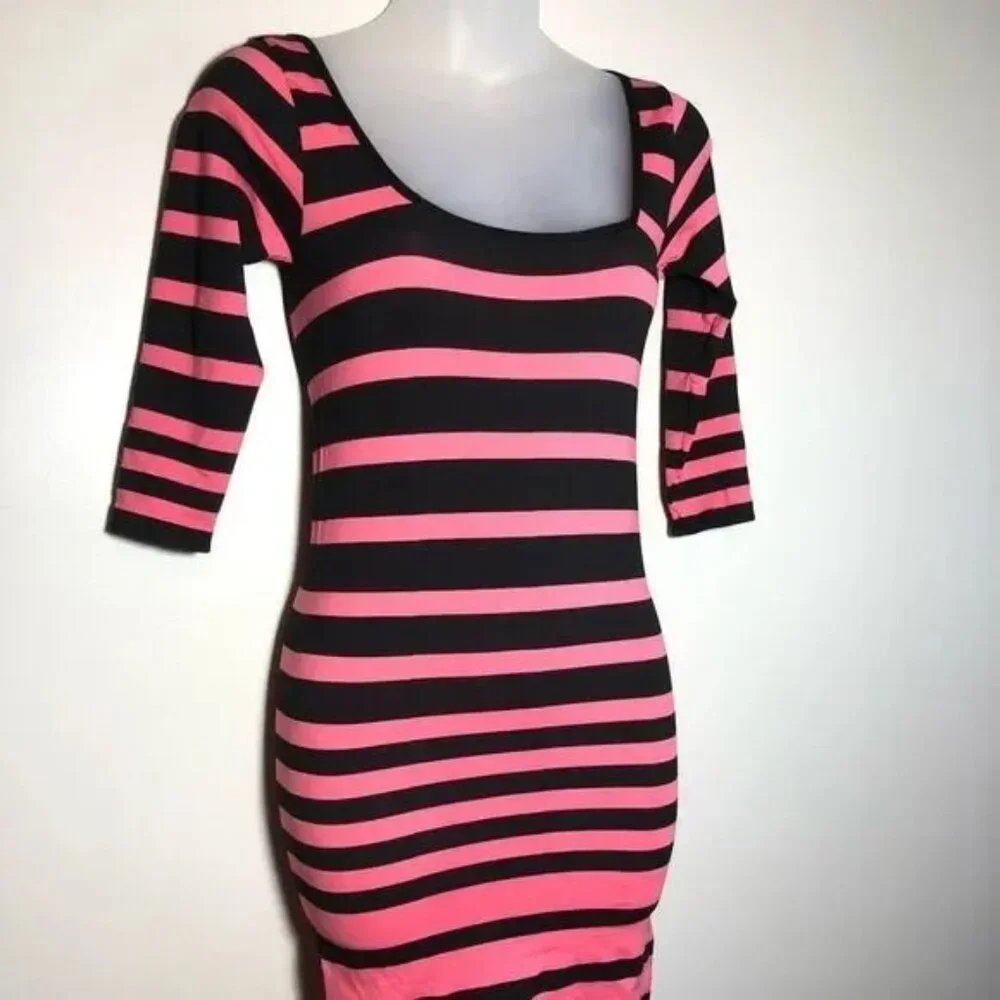 NEW MIX WOMEN'S PINK/BLACK STRIPED STRETCH BODYCON DRESS SIZE‎ OS (ONE SIZE)